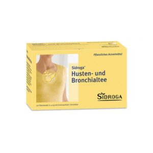 Verpackung von Sidroga Husten- und Bronchialtee in gelber Box mit 20 Filterbeuteln und Aromaschutz.