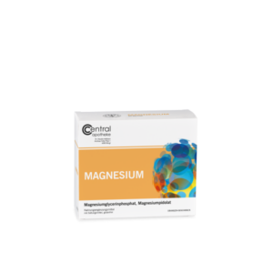 Verpackung eines Nahrungsergänzungsmittels mit Magnesium, orangefarbener Hintergrund und bunten, kreisförmigen Elementen.