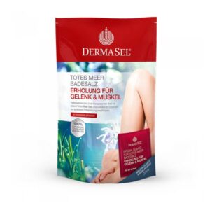 Verpackung von Dermasel Badesalz mit der Aufschrift "Erholung für Gelenk & Muskel"; enthält Tote Meer Salz und Essenzen.