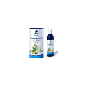 Eine Flasche mit Eichenrindenextrakt, umgeben von Eichenblättern und Eicheln, in blauer Verpackung.