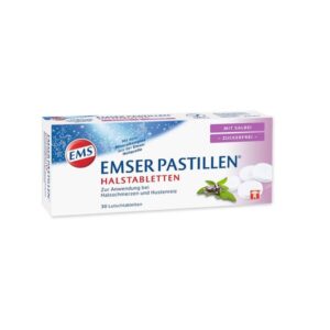 Verpackung von Emser Pastillen Halstabletten, 30 Lutschtabletten mit Salbei, zur Linderung von Halsschmerzen und Hustenreiz.