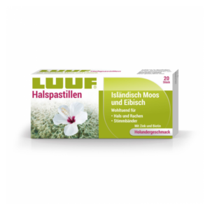 Verpackung von LUUF Halspastillen mit Abbildung einer Blume, Hinweis auf Holunder-Geschmack und Inhaltsstoffe.