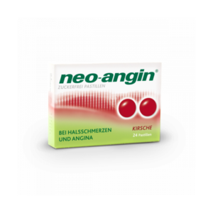 Verpackung von neo-angin zuckerfreien Pastillen mit Kirschgeschmack zur Linderung von Halsschmerzen.