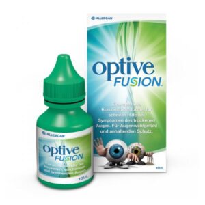 Augentropfenflasche mit grünem Deckel und Verpackung, die Informationen zu Anwendung gegen trockene Augen bietet.