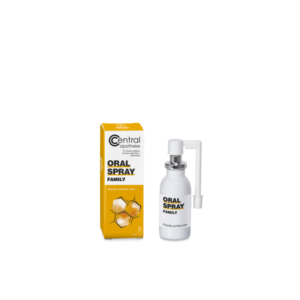 Packung und Sprühflasche des Oral Spray Family mit Propolis und Aloe Vera, gelbes Design.