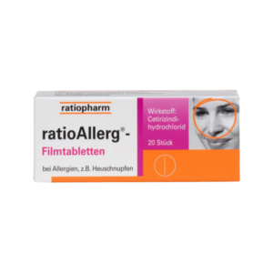 Packung von ratioAllerg Filmtabletten mit Wirkstoff Cetirizin-hydrochlorid, erhältlich bei Allergien