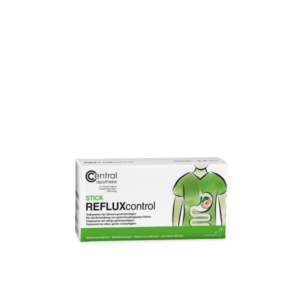 Verpackung des Medikaments REFLUXcontrol von Central Apotheke, zur Behandlung von gastroösophagealem Reflux, mit grafischer Darstellung des Verdauungssystems.