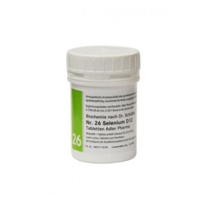 Weißer Kunststoffbehälter mit einem grünen Etikett, der homöopathische Tabletten mit Selenium D12 enthält.