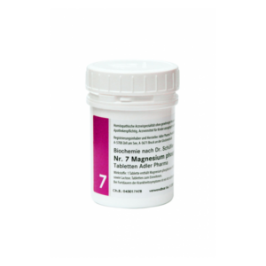 Weißer Behälter mit Schraubverschluss, enthält homöopathische Magnesiumphosphat-Tabletten von Adler Pharma.