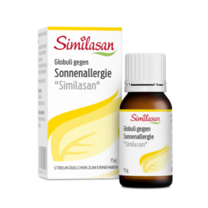 Packung und Flasche mit Similasan Globuli gegen Sonnenallergie, orange und gelb gehaltene Gestaltung.