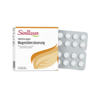 Packung mit Similasan Tabletten zur Behandlung von Magenübersäuerung, mit Blisterpackung sichtbar daneben.
