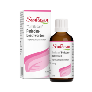Flasche mit Similasan Tropfen für Periodenbeschwerden, neben Kartonverpackung mit pinkem Design und 50 ml Inhalt.
