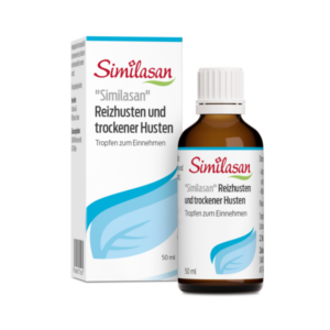 Braune Tropfflasche mit weißem Deckel und einer Verpackung; enthält Similasan für Reizhusten und trockenen Husten.