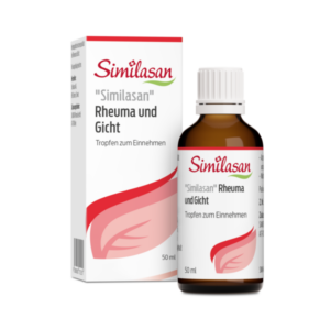 Braune Glasflasche mit Schraubverschluss und weißem Etikett für Tropfen gegen Rheuma und Gicht, verpackt in einer weißen Box.