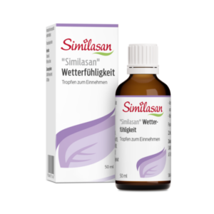 Braune Glasflasche mit Tropfen zum Einnehmen und Verpackung, die "Similasan" Wetterfühligkeit zeigt.