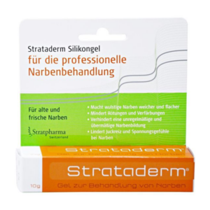 Verpackung von Strataderm Silikongel zur Narbenbehandlung, zeigt die Anwendung für alte und frische Narben.