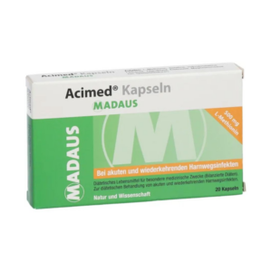 Verpackung von Acimed Kapseln, 20 Stück, zur Behandlung von Harnwegsinfekten, grüne und orange Box.