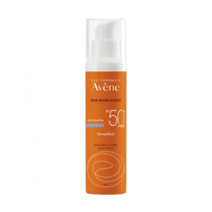 Flasche Sonnenfluid mit sehr hohem Schutz SPF 50+, orangefarbene Verpackung, für empfindliche normale bis Mischhaut.