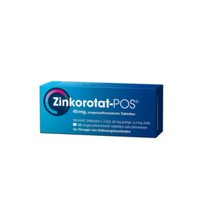 Verpackung von Zinkorotat-POS 40 mg, magensaftresistente Tabletten zur Zinktherapie, blauer Karton mit Produktinformation.