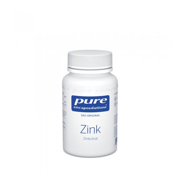 Weißer Flakon mit Deckel, beschriftet mit "pure encapuslations" und "Zink Zinkcitrat", medizinisches Nahrungsergänzungsmittel.