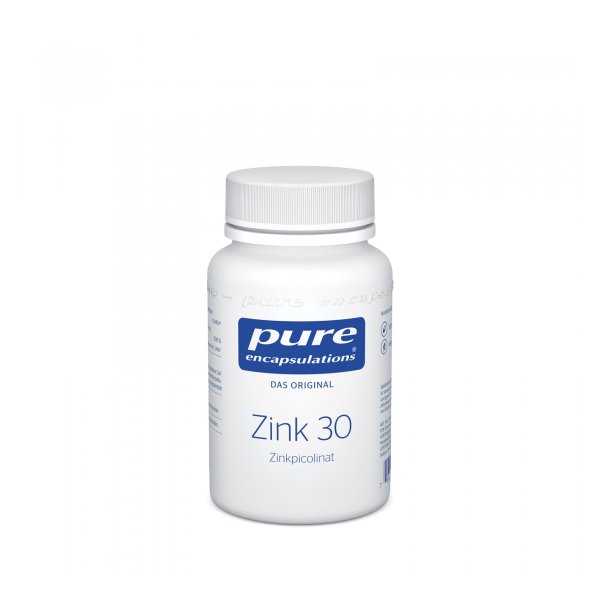 Weißes Fläschchen mit blauem Etikett, enthält Zinkpicolinat, 30 mg, Marke Pure Encapsulations.
