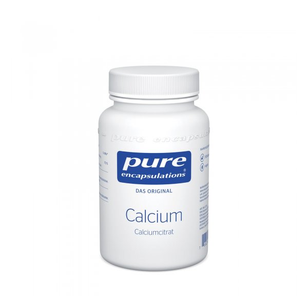 Weißer Behälter mit Schraubverschluss, beschriftet mit "pure encapsulations" und "Calcium" in blauer Schrift.