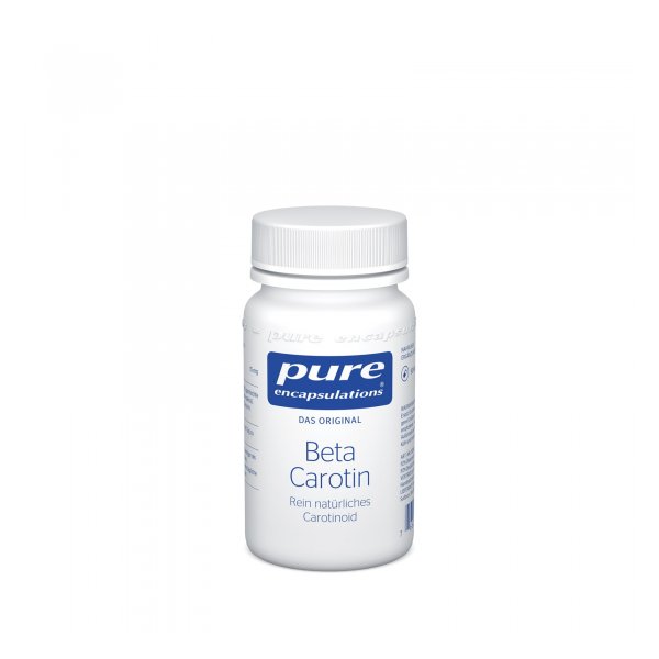 Dose mit Beta-Carotin von Pure Encapsulations, weiße Verpackung mit blauer Schrift und Schraubverschluss.