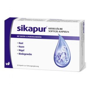 Kartonverpackung von Sikapur Kieselsäure Softgel-Kapseln zur Nahrungsergänzung für Haut, Haare, Nägel und Bindegewebe.