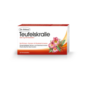 Verpackung von Dr. Böhm Teufelskralle 600 mg Filmtabletten mit Abbildung einer Pflanze und Hinweisen zu Anwendungsgebieten.