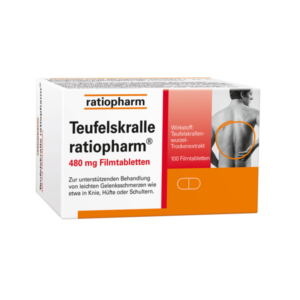 Verpackung von Teufelskralle ratiopharm 480 mg Filmtabletten mit Beschreibung zur Anwendung bei Gelenkschmerzen.