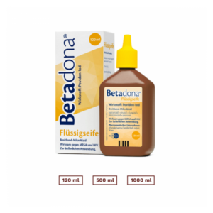 Flüssigseife von Betadona in braunem Flakon mit gelber Kappe, verpackt in weißer Box, 120 ml.