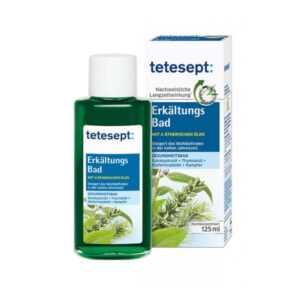 Flasche mit tetesept Erkältungsbad, enthält 4 ätherische Öle für das Wohlbefinden in der kalten Jahreszeit.