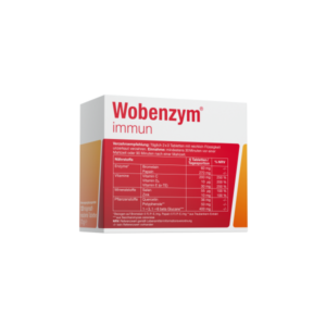 Verpackung von Wobenzym immun mit Informationen zu Nährstoffen und täglicher Verzehrsempfehlung auf rotem Hintergrund.