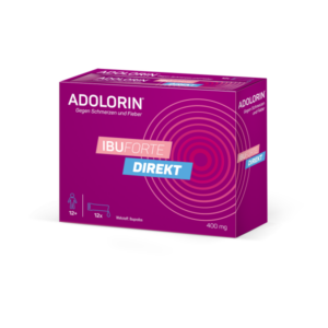 Lila Verpackung von Adolorin IBUFORTE direkt, 400 mg, mit Angaben zu Indikation und Wirkstoff.
