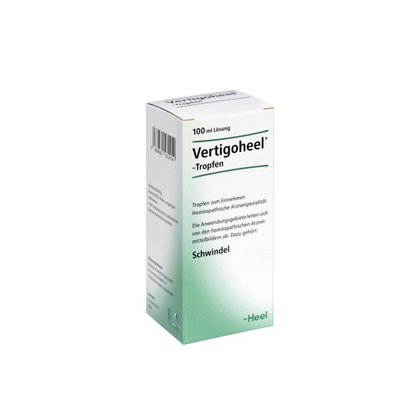 Verpackung von Vertigoheel Tropfen, homöopathisches Arzneimittel gegen Schwindel, in einer 100 ml Flasche.