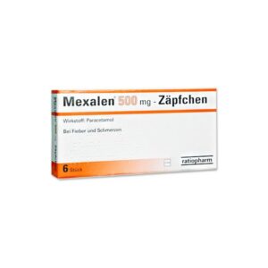 Verpackung mit Mexalen 500 mg Zäpfchen, Wirkstoff Paracetamol, zur Behandlung von Fieber und Schmerzen.