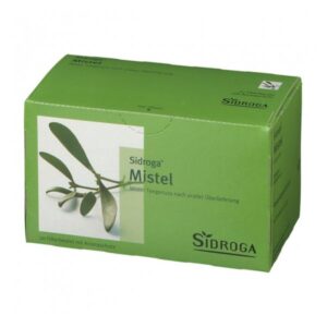 Packung mit Sidroga Misteltee, grüne Box mit 20 Teebeuteln und einem Abbild von Mistelzweigen.