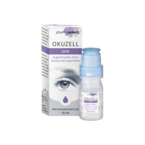 Flasche mit Augentropfen ohne Konservierungsmittel, verpackt in einer weißen Schachtel mit lila Akzenten.