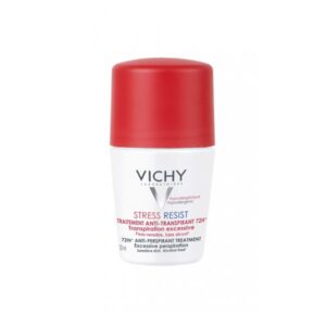 Roll-on Antitranspirant von Vichy mit rotem Deckel und weißem Flakon, für empfindliche Haut und 72 Stunden Schutz.