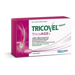 Packung des Nahrungsergänzungsmittels Tricovel Retard TricoAGE+ mit einer pinken Tablette.