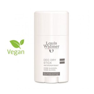 Aluminiumfreier Antiperspirant-Deostick von Louis Widmer in weißer Verpackung, vegan gekennzeichnet.