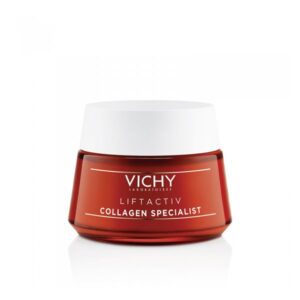 Tiegel mit runder Form und rotem Glas, beschriftet mit 'Vichy Liftactiv Collagen Specialist', weißem Deckel.