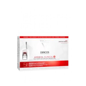 Verpackung von Vichy Dercos Aminexil Clinical 5, einem Haarpflegeprodukt für Frauen gegen Haarausfall, mit Beschreibung der Hauptinhaltsstoffe und Anwendung.