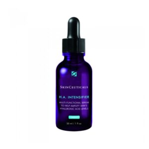 Dunkelblaue Glasflasche mit Pipette, bezeichnet als H.A. Intensifier von SkinCeuticals, zur Hautpflege.