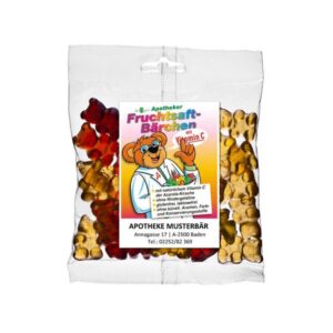 Tüte Fruchtgummibärchen in verschiedenen Farben mit Vitaminen und einem lächelnden Bären auf dem Etikett