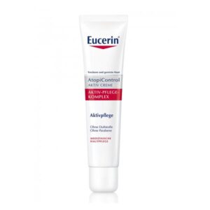 Eucerin AtopiControl aktiv Creme in einer weißen Tube mit rotem und blauen Schriftzug, für trockene Haut.