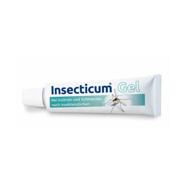 Tubengel Insecticum zur Linderung von Juckreiz und Schmerzen nach Insektenstichen, mit abgebildetem Insekt.