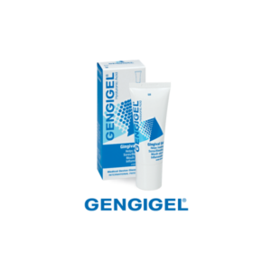 Eine Tube Gengigel mit einer blauen Verpackung, die zur Behandlung von Mundentzündungen dient.