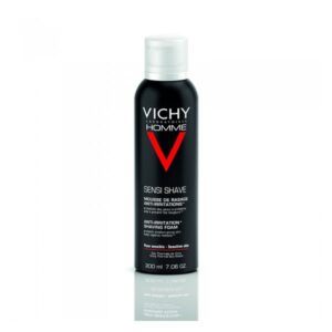 Schwarze Dose mit Rasierschaum für empfindliche Haut, Markierung "Vichy Homme" und Anti-Irritation Hinweis.