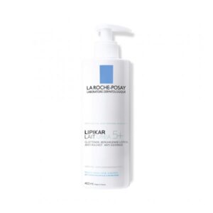Flasche von La Roche-Posay Lipikar Lait Urea 5+, beruhigende Lotion für trockene Haut mit Pumpverschluss.